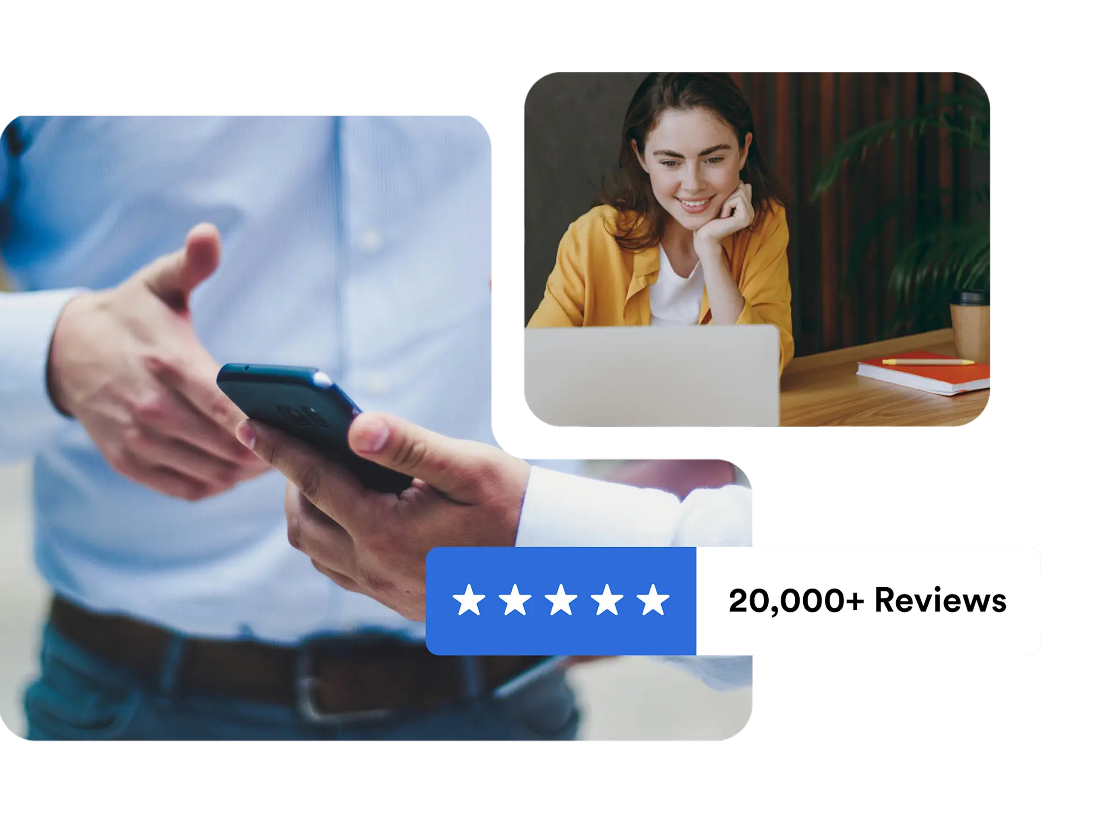 Person using Swyft Forms on mobile device with 5-star rating and 20,000+ reviews